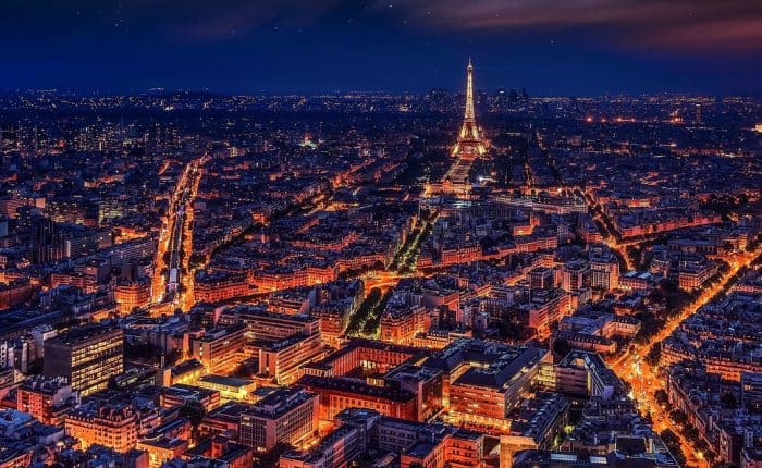 aerial view of paris at night