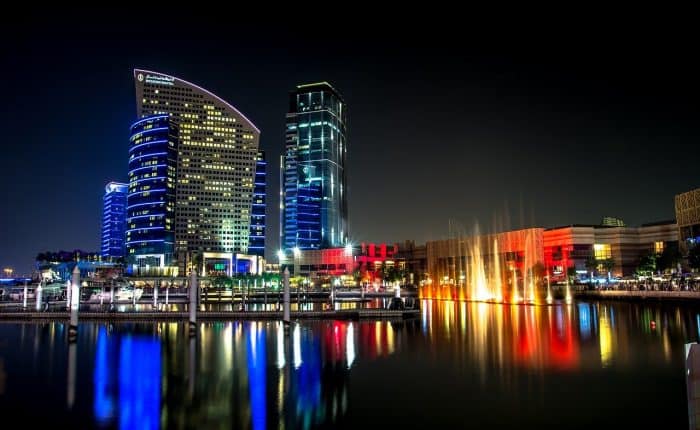 Buildings at night in Dubai