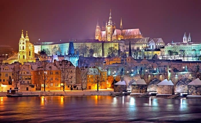 Prague night skyline