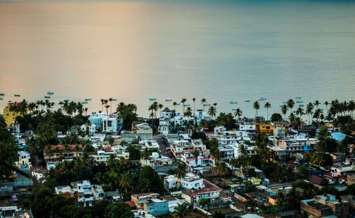 aerial view of colourful buildings under a soft lighting