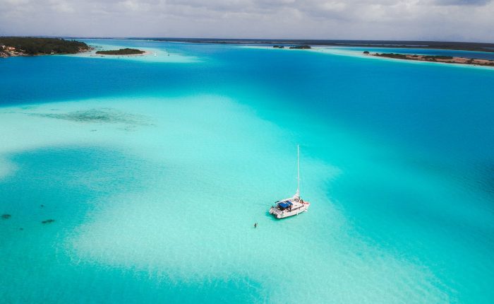 aerial view of a lone boat on the sea