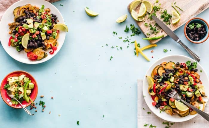 mexican foods on a light blue table