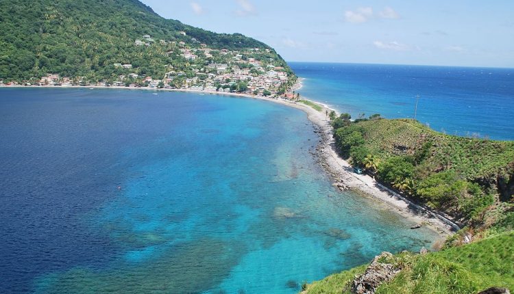aerial view of dominica with the ocean surrounding it