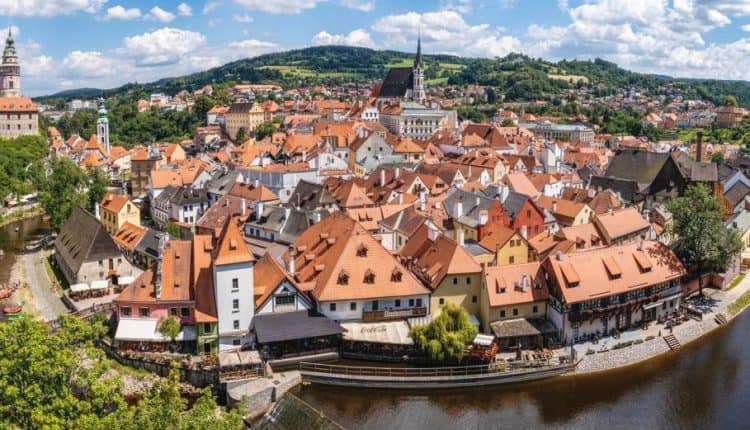 aerial view of houses with orange roofs