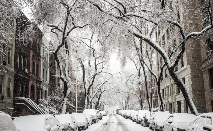 Snow lined street with parked cars