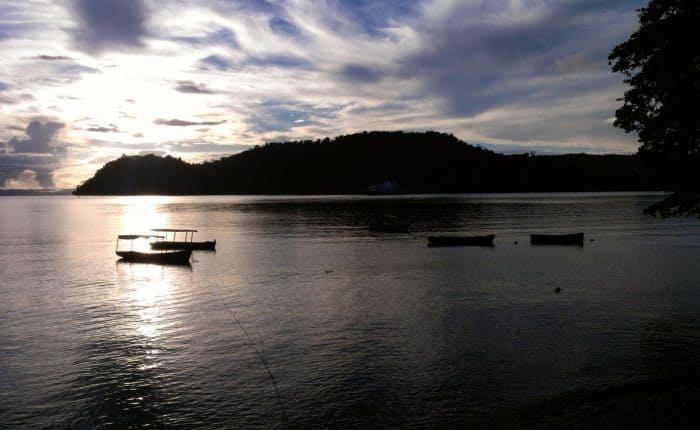 boats out on the water at sunset