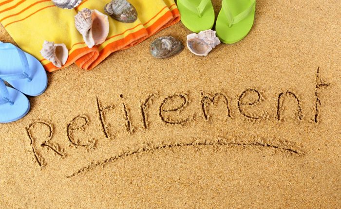 the word retirement written on sand